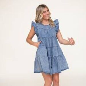 Sofie the Label Chambray Tiered Flutter Sleeve Dress Size S